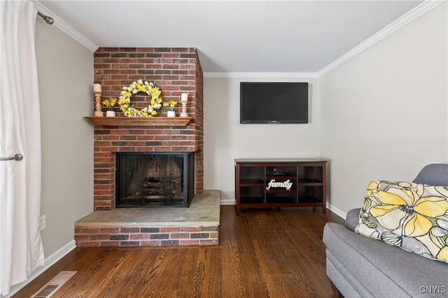 208 Single Dr, Clay, NY 13212 - living area featuring crown molding, wood finished floors, and a fireplace