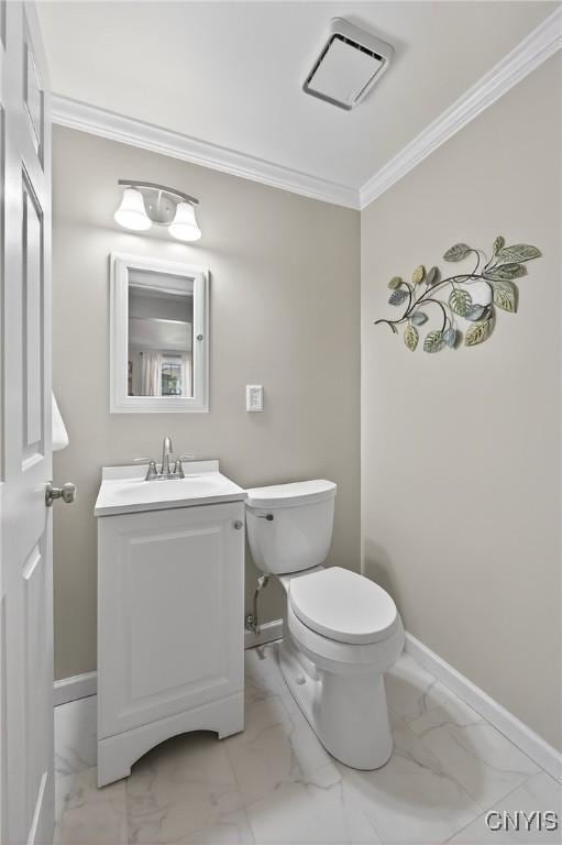 208 Single Dr, Clay, NY 13212 - half bathroom featuring marble finish floors, ornamental molding, and vanity
