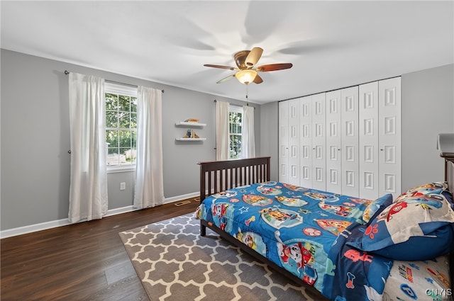 208 Single Dr, Clay, NY 13212 - bedroom featuring wood finished floors, multiple windows, ceiling fan, and a closet