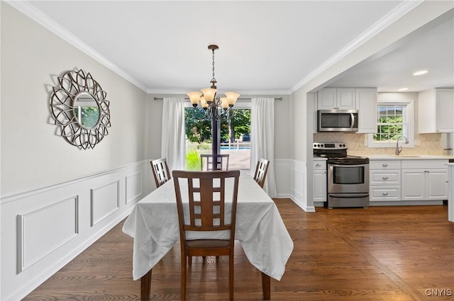208 Single Dr, Clay, NY 13212 - dining area with a chandelier, plenty of natural light, ornamental molding, wainscoting, and a decorative wall