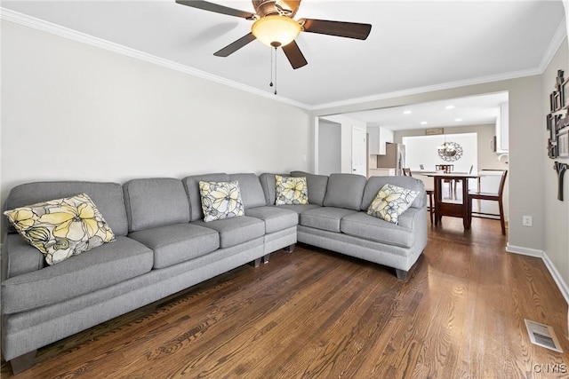 208 Single Dr, Clay, NY 13212 - living area with ornamental molding, dark wood-style floors, and a ceiling fan