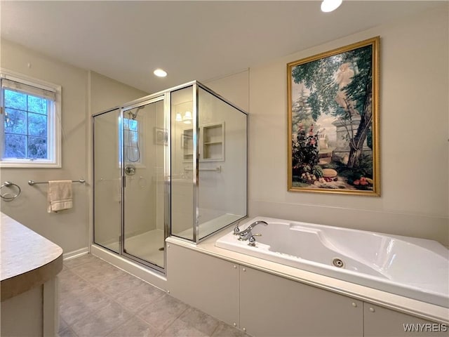 39 Wickendon Ct, Amherst, NY 14221 - full bathroom featuring a shower stall, a jetted tub, recessed lighting, vanity, and tile patterned flooring