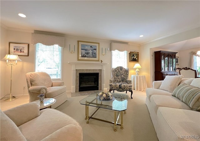39 Wickendon Ct, Amherst, NY 14221 - living area featuring crown molding, a tile fireplace, light carpet, and recessed lighting