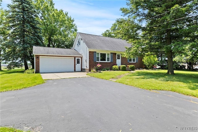 301 Pleasant View Dr, Lancaster, NY 14086 - view of front facade featuring an attached garage, brick siding, a front yard, and asphalt driveway