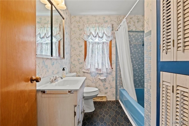 301 Pleasant View Dr, Lancaster, NY 14086 - full bath featuring vanity, shower / bath combo with shower curtain, and wallpapered walls