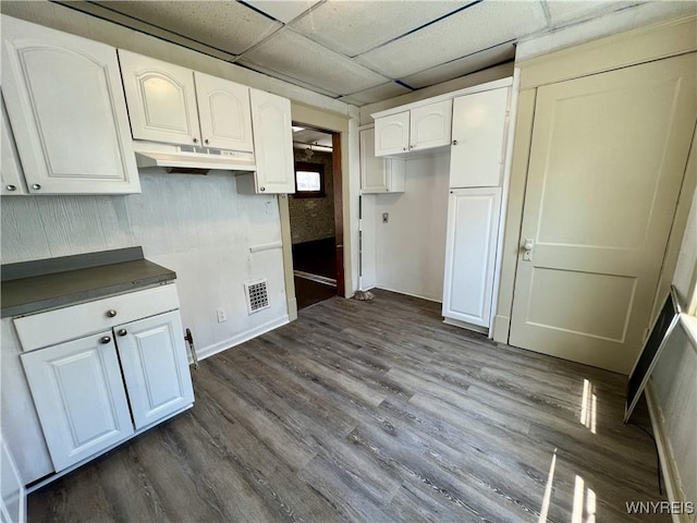 83 Andover Ave, Buffalo, NY 14215 - kitchen with under cabinet range hood, dark wood finished floors, white cabinetry, a paneled ceiling, and dark countertops