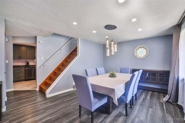 112 Nokomis Pkwy, Cheektowaga, NY 14225 - dining room featuring stairway, dark wood finished floors, recessed lighting, and a textured ceiling