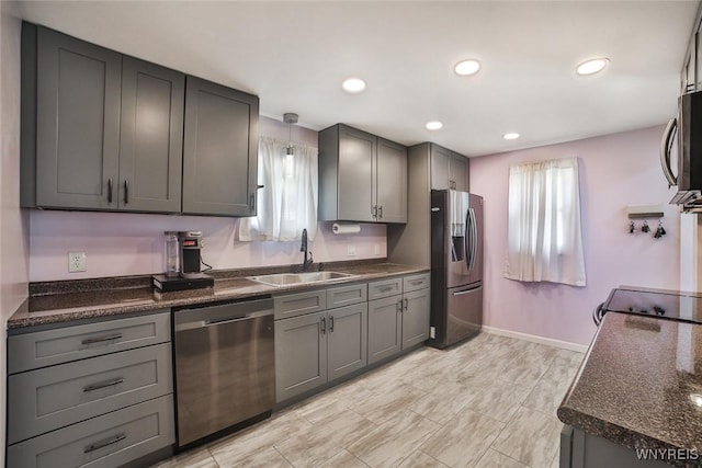 112 Nokomis Pkwy, Cheektowaga, NY 14225 - kitchen featuring stainless steel appliances, dark countertops, gray cabinets, and recessed lighting