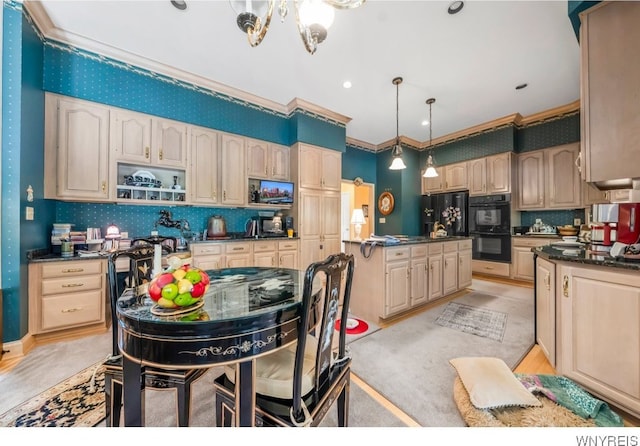 7 The Hamlet, Amherst, NY 14051 - kitchen featuring dark countertops, black appliances, backsplash, a center island, and crown molding