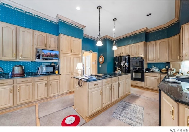 7 The Hamlet, Amherst, NY 14051 - kitchen with black appliances, light brown cabinets, dark stone countertops, backsplash, and a kitchen island
