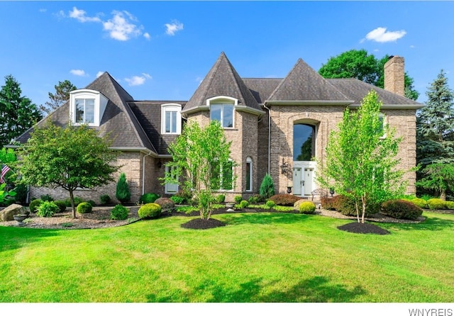 7 The Hamlet, Amherst, NY 14051 - french provincial home featuring a chimney, a front yard, brick siding, and a shingled roof