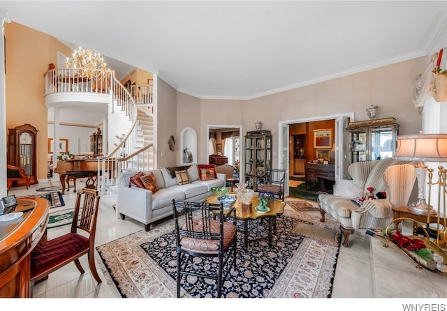 7 The Hamlet, Amherst, NY 14051 - tiled living area featuring stairs and crown molding