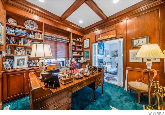 7 The Hamlet, Amherst, NY 14051 - office area featuring wooden walls, dark colored carpet, built in shelves, coffered ceiling, and beamed ceiling
