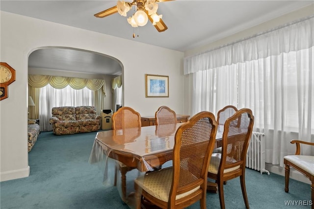 1419 Maple Rd, Amherst, NY 14221 - dining space with arched walkways, radiator heating unit, carpet, and ceiling fan