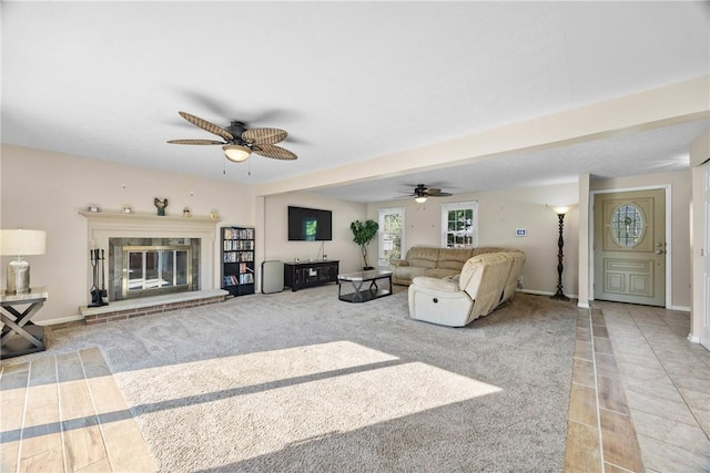 193 Orchard Creek Ln, Greece, NY 14612 - living area featuring a ceiling fan and a brick fireplace