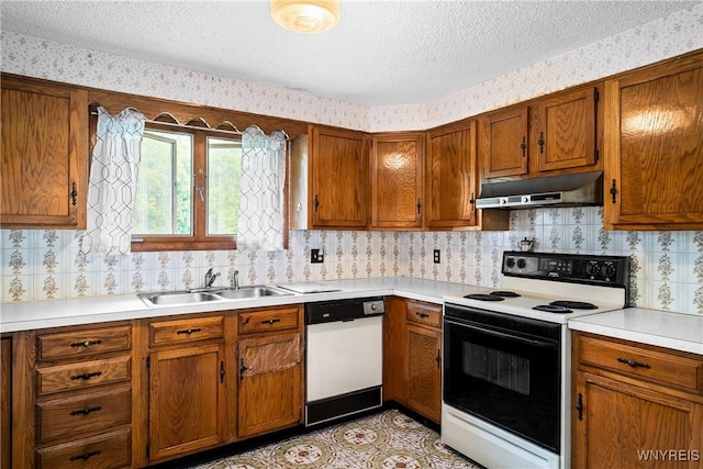270 N French Rd, Amherst, NY 14228 - kitchen featuring electric range, dishwasher, under cabinet range hood, wallpapered walls, and a textured ceiling