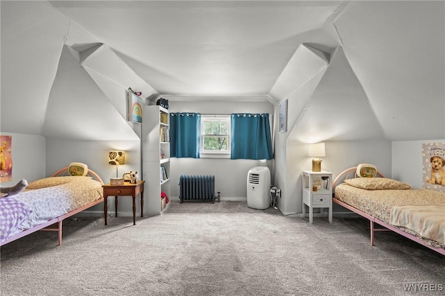 49 Mang Ave, Tonawanda, NY 14217 - bedroom featuring radiator heating unit, carpet, and vaulted ceiling