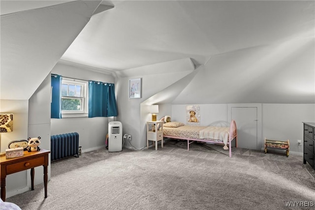 49 Mang Ave, Tonawanda, NY 14217 - bedroom featuring radiator heating unit, carpet, and vaulted ceiling