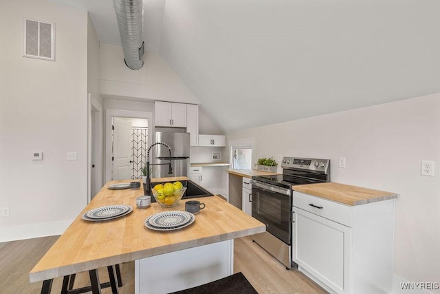 145 14th St, Buffalo, NY 14213 - kitchen with appliances with stainless steel finishes, wood counters, light wood-style floors, white cabinetry, and lofted ceiling