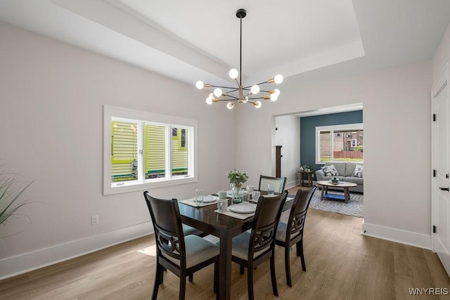 145 14th St, Buffalo, NY 14213 - dining space with wood finished floors, a chandelier, and a tray ceiling