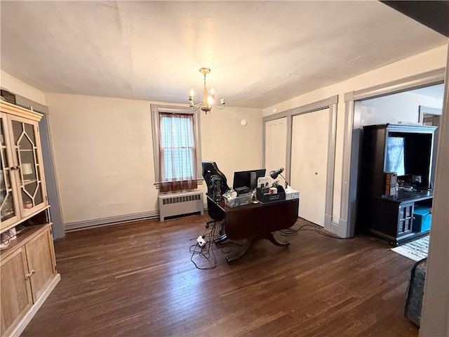 8 Church St, Waterloo, NY 13165 - office area featuring radiator heating unit, a chandelier, and dark wood finished floors