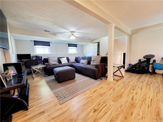 128 Dorando Way, Salina, NY 13090 - living area with wood finished floors, a ceiling fan, and ornate columns