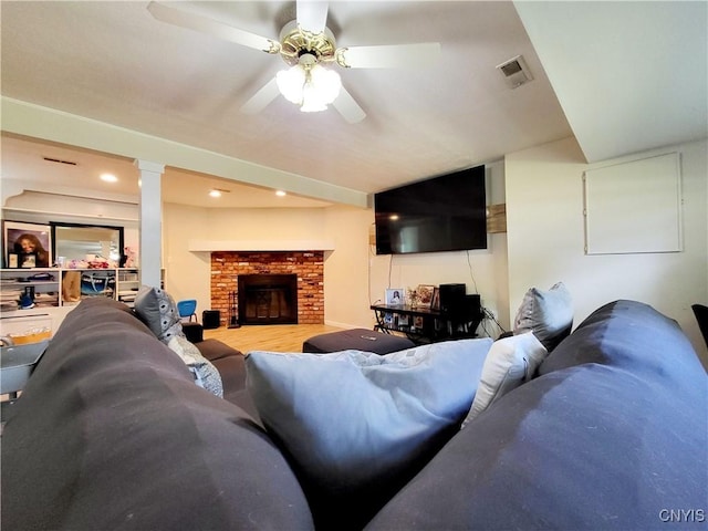 128 Dorando Way, Salina, NY 13090 - living room with ceiling fan, a fireplace, and recessed lighting