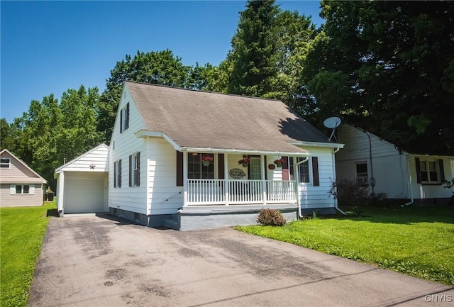 123 Branch St, Deerfield, NY 13502 - view of front of property featuring a porch, a front lawn, driveway, a shingled roof, and a garage