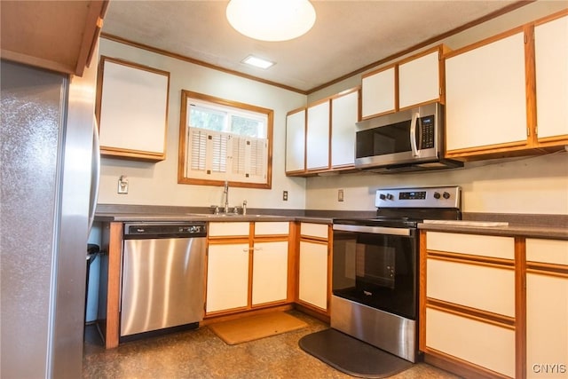 123 Branch St, Deerfield, NY 13502 - kitchen with appliances with stainless steel finishes, ornamental molding, dark countertops, and white cabinetry