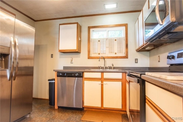 123 Branch St, Deerfield, NY 13502 - kitchen featuring stainless steel appliances, crown molding, and dark countertops