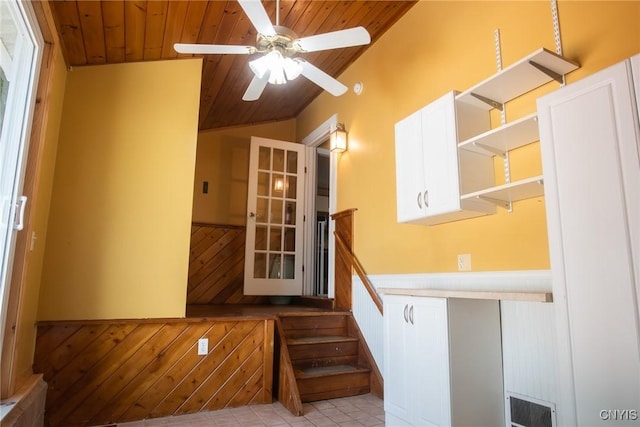 123 Branch St, Deerfield, NY 13502 - stairway with wooden ceiling, wainscoting, ceiling fan, vaulted ceiling, and wooden walls