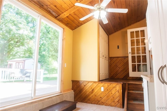 123 Branch St, Deerfield, NY 13502 - interior space with lofted ceiling, wood ceiling, plenty of natural light, wainscoting, and a ceiling fan