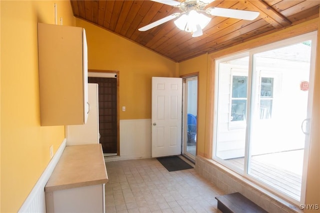 123 Branch St, Deerfield, NY 13502 - doorway featuring vaulted ceiling, wainscoting, wood ceiling, healthy amount of natural light, and ceiling fan