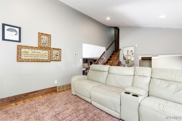 131 Shady Grove Dr, Amherst, NY 14051 - living area featuring stairway, vaulted ceiling, wood finished floors, and recessed lighting