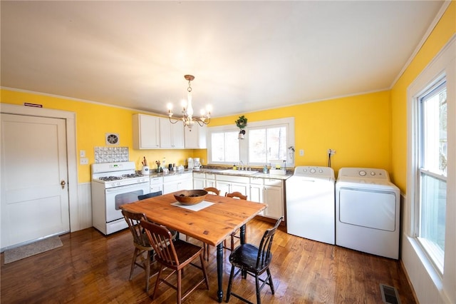 345 Dorr Edson Rd, Milford, NY 13820 - dining room featuring a chandelier, independent washer and dryer, dark wood-style floors, and crown molding