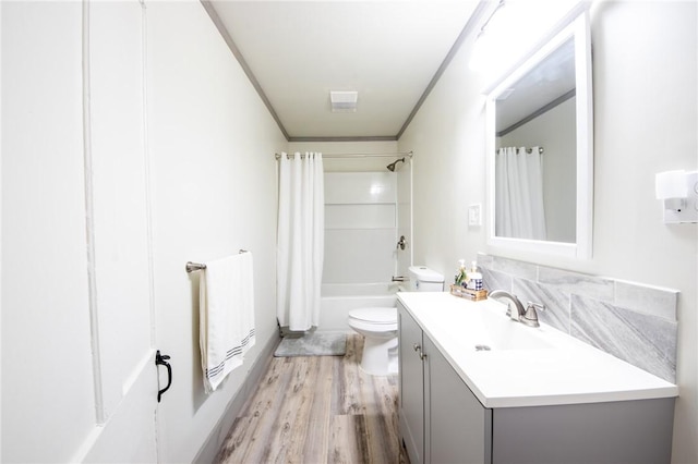 345 Dorr Edson Rd, Milford, NY 13820 - full bath featuring vanity, wood finished floors, shower / tub combo with curtain, and crown molding