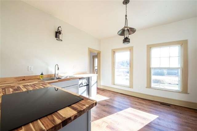 345 Dorr Edson Rd, Milford, NY 13820 - kitchen featuring butcher block counters, black electric cooktop, light wood finished floors, and decorative light fixtures