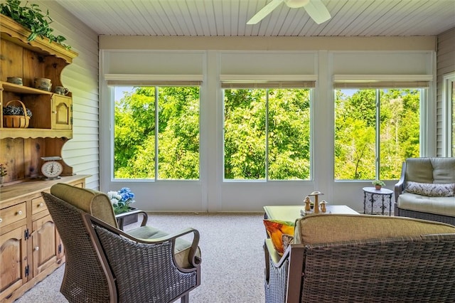 1100 Yorkshire Way, Victor, NY 14564 - sunroom with plenty of natural light, carpet, a ceiling fan, wood walls, and wooden ceiling
