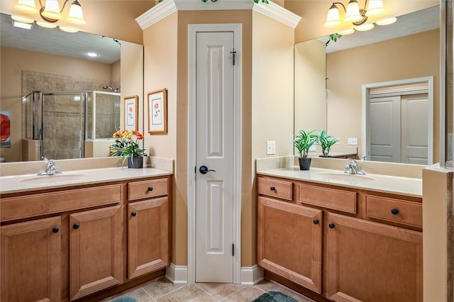 1100 Yorkshire Way, Victor, NY 14564 - full bathroom with a stall shower, two vanities, a chandelier, and tile patterned floors