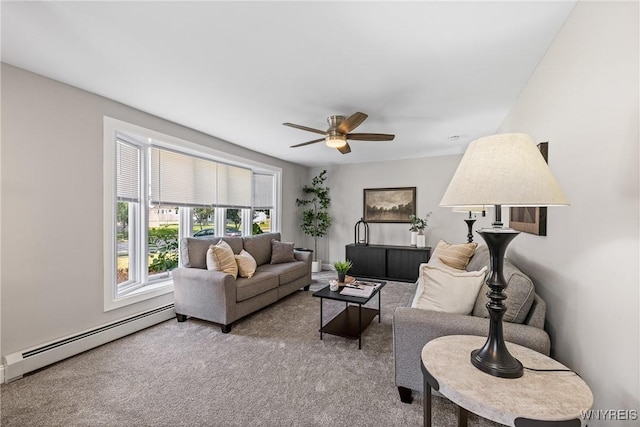 87 Ermann Dr, Tonawanda, NY 14217 - living area with a baseboard heating unit, a ceiling fan, and carpet floors