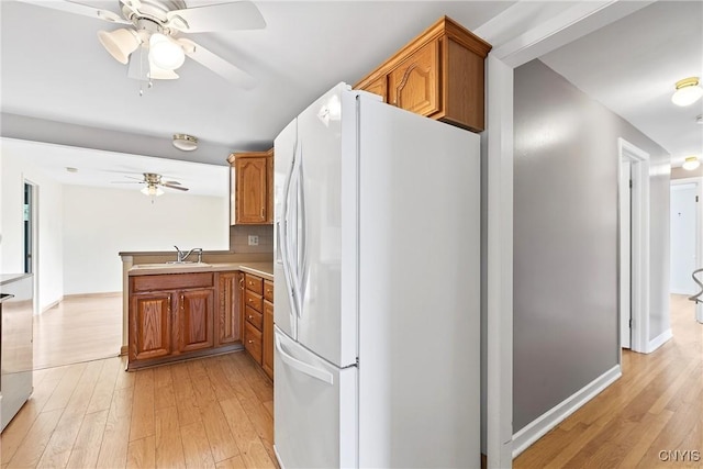 215 Rebecca St, Clay, NY 13212 - kitchen featuring white fridge with ice dispenser, a ceiling fan, light wood-style floors, and brown cabinets