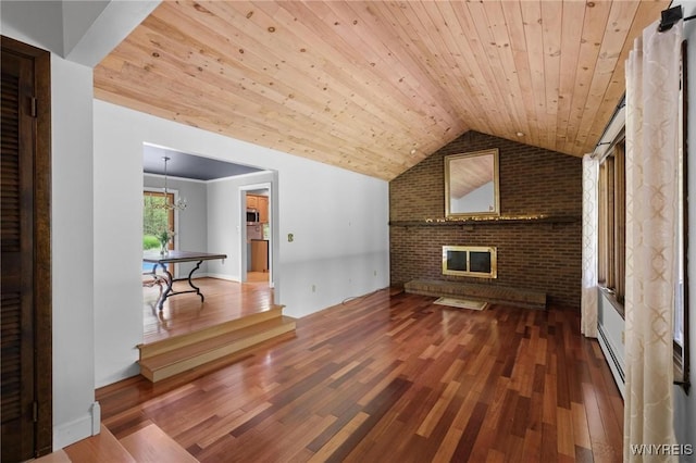 1575 Overhead Rd, Evans, NY 14047 - unfurnished living room with wood ceiling, wood finished floors, vaulted ceiling, a fireplace, and a chandelier