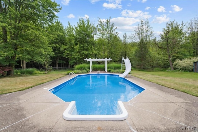 1575 Overhead Rd, Evans, NY 14047 - swimming pool with a water slide, a yard, a pergola, and a diving board