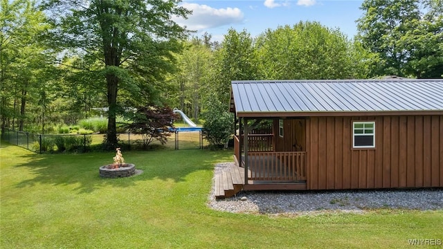 1575 Overhead Rd, Evans, NY 14047 - fenced backyard with a fire pit and an outbuilding