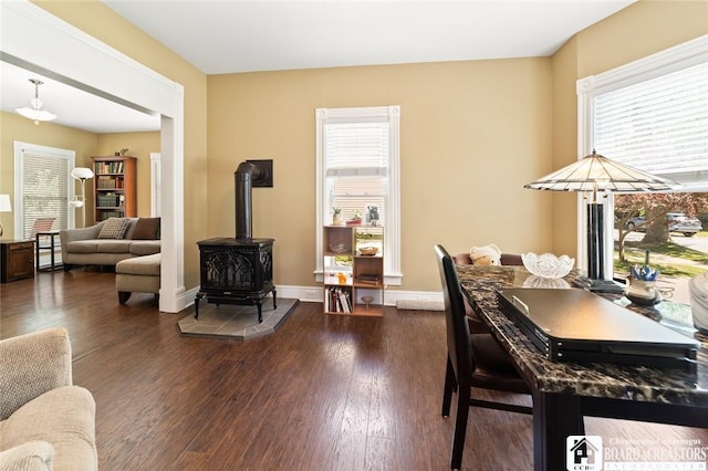 49 Day St, Pomfret, NY 14063 - home office featuring a wood stove and dark wood-style floors
