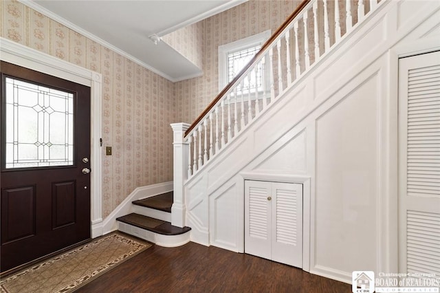 49 Day St, Pomfret, NY 14063 - foyer featuring stairway, wallpapered walls, dark wood-style flooring, and ornamental molding