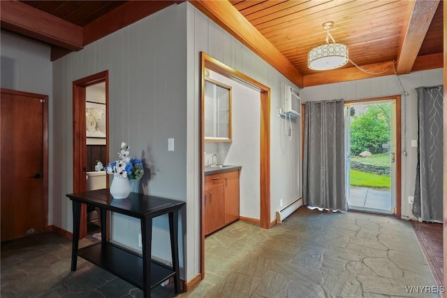 722 College Ter, Niagara Falls, NY 14305 - foyer featuring a wooden ceiling with exposed beams, a baseboard radiator, stone flooring, a wall mounted air conditioner, and wooden walls