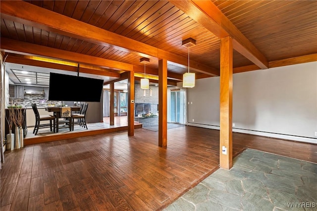722 College Ter, Niagara Falls, NY 14305 - unfurnished living room featuring wood finished floors, a wood ceiling with exposed beams, a baseboard heating unit, and a baseboard radiator
