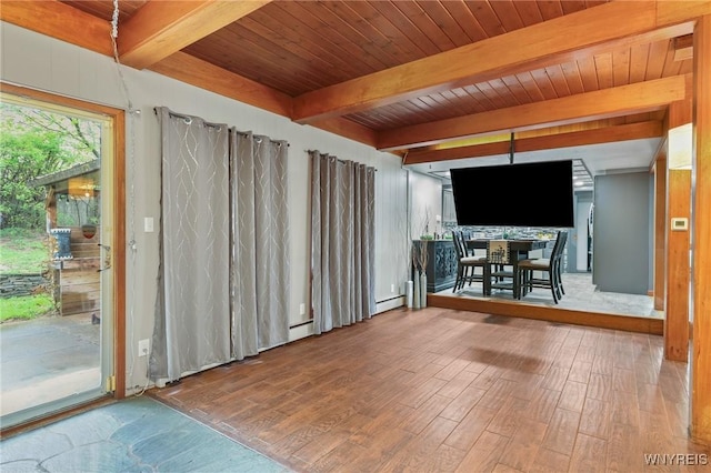 722 College Ter, Niagara Falls, NY 14305 - unfurnished living room featuring wood finished floors, a wood ceiling with exposed beams, and a baseboard heating unit