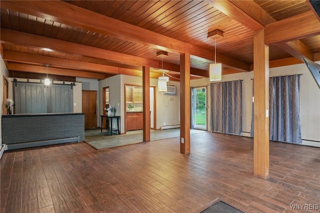 722 College Ter, Niagara Falls, NY 14305 - misc room with a barn door, baseboard heating, a wood ceiling with exposed beams, wood finished floors, and a baseboard radiator